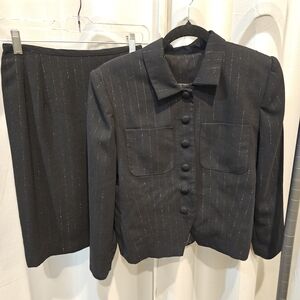 Vintage Black Pinstripe Women's Blazer and Skirt Set